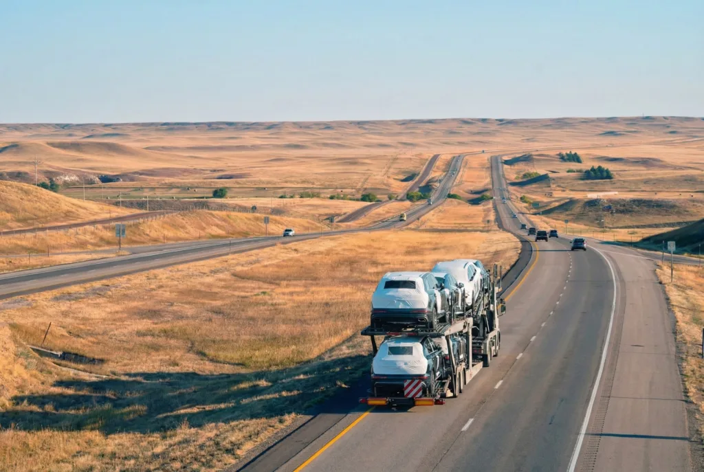 Truck loaded with cars driving through I-80