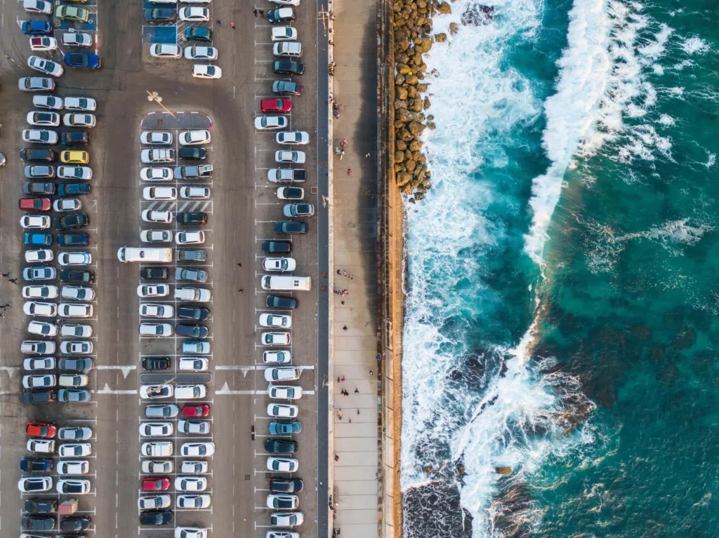 Car depot at a sea coast