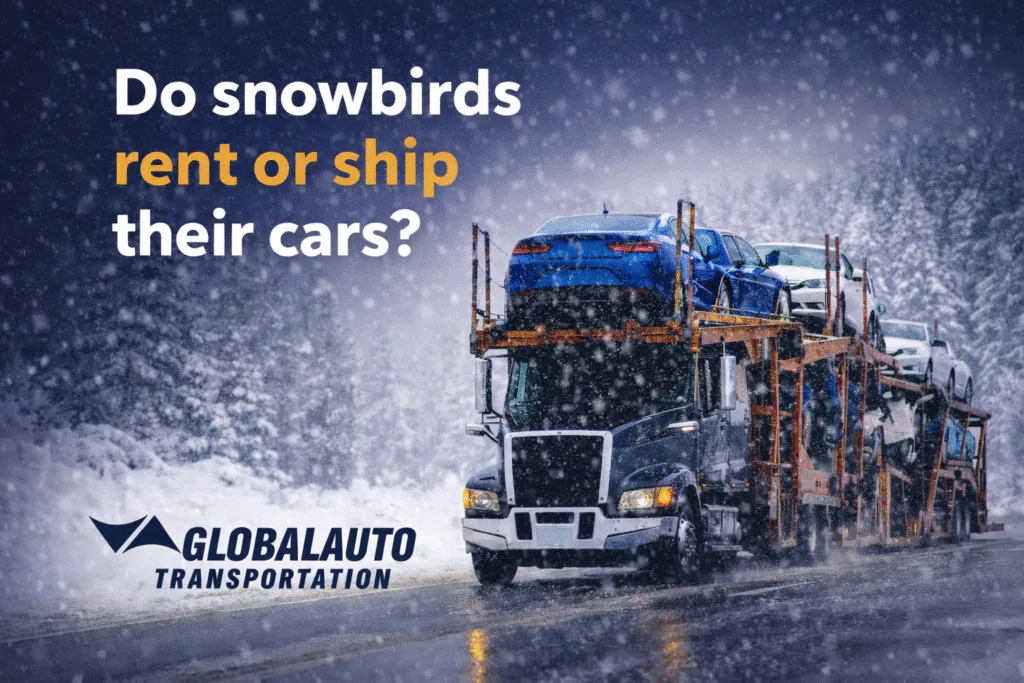 Cover photo depicting a car transport truck delivering vehicles in snowy weather with the title of the blog and Global Auto Transportation logo on it