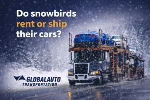 Cover photo depicting a car transport truck delivering vehicles in snowy weather with the title of the blog and Global Auto Transportation logo on it