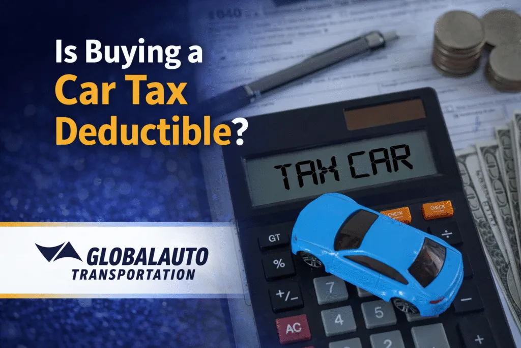 Cover photo featuring the heading of the blog "Is Buying a Car Tax Deductable" along with a calculator, money, paper, pen and a toy car