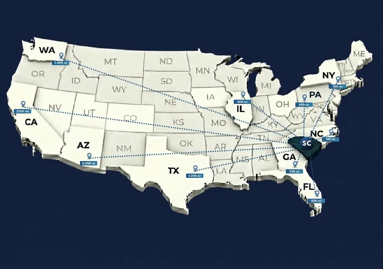 Estimated distance from South Carolina to other states