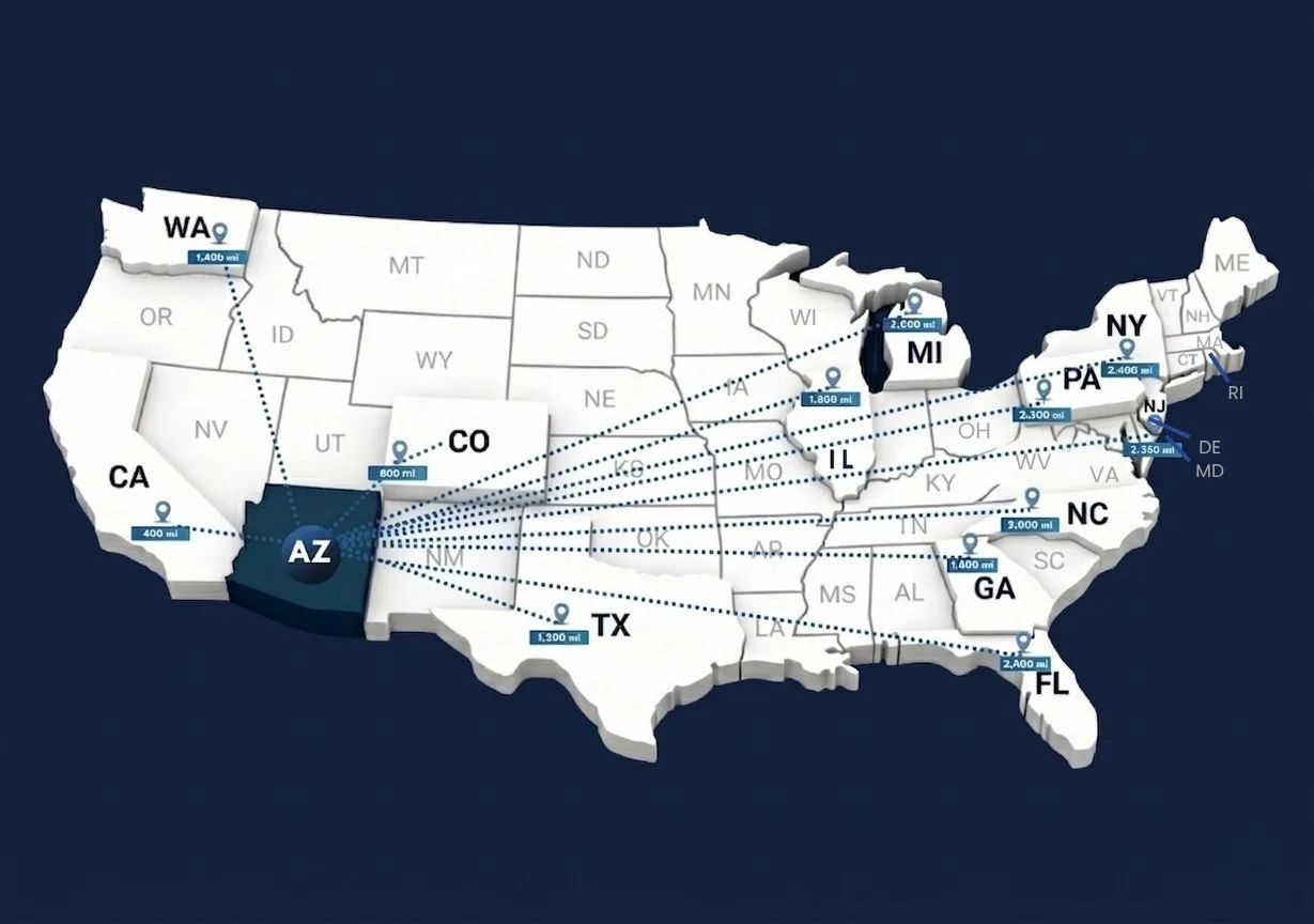 Estimated distance from Arizona to other states