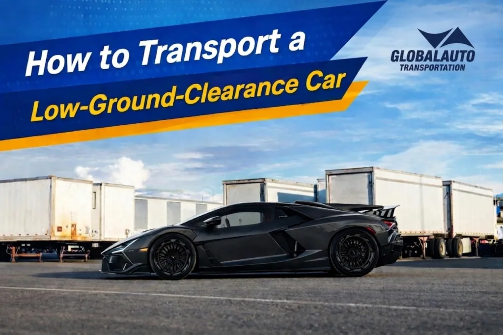 Low-Ground-Clearance Car in front of white enclosed trucks