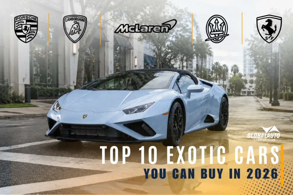 Blog-Cover-Depicting-A-Light-Blue-Lamborghini-On-A-City-Street-With-Porsche-Lamborghini-McLaren-Maserati-And-Ferrari-Logos-Above-The-Heading-Top-10-Exotic-Cars-You-Can-Buy-In-2026