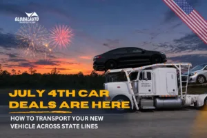 Blog Cover Depicting A White Truck Hauling Vehicles At Sunset With Celebration Fireworks, An American Flag Detail, And The July 4th Car Deals Heading