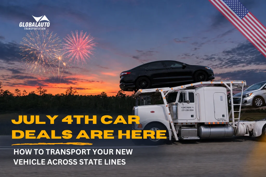Blog Cover Depicting A White Truck Hauling Vehicles At Sunset With Celebration Fireworks, An American Flag Detail, And The July 4th Car Deals Heading