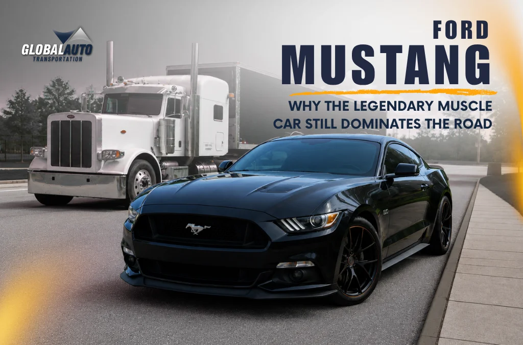 Blog Cover Showing A Black Ford Mustang On The Road With An Auto Transport Truck In The Background And A Bold “Ford Mustang” Heading