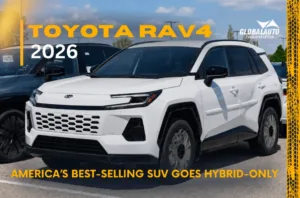 Blog Cover Showing A White 2026 Toyota RAV4 With Hybrid-Only Heading