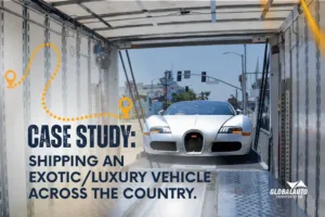 Blog Cover Showing A White Exotic Luxury Vehicle Inside An Enclosed Auto Transport With The Heading “Case Study Shipping An Exotic Luxury Vehicle Across The Country”