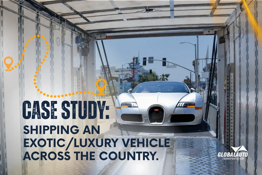 Blog Cover Showing A White Exotic Luxury Vehicle Inside An Enclosed Auto Transport With The Heading “Case Study Shipping An Exotic Luxury Vehicle Across The Country”