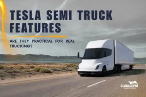 Tesla Semi truck drives through desert under “Tesla Semi Truck Features” text.