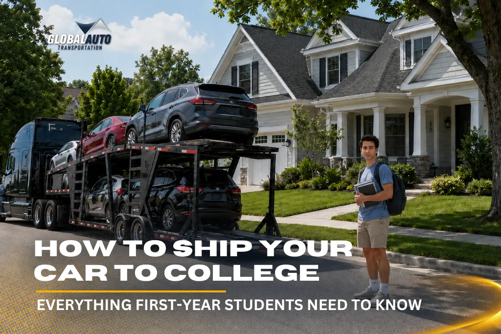 college student behind car carrier truck