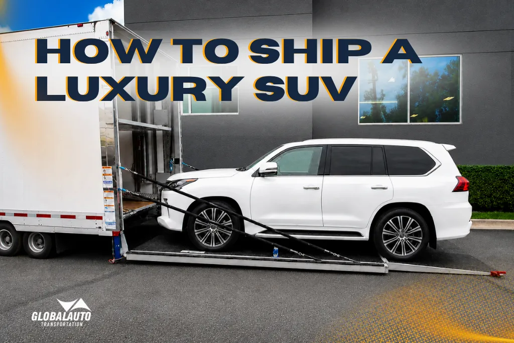 loading process of white luxury SUV to enclosed trailer