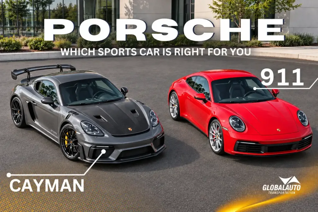 Porsche Cayman vs. 911 comparison showing a gray Cayman and a red Porsche 911.